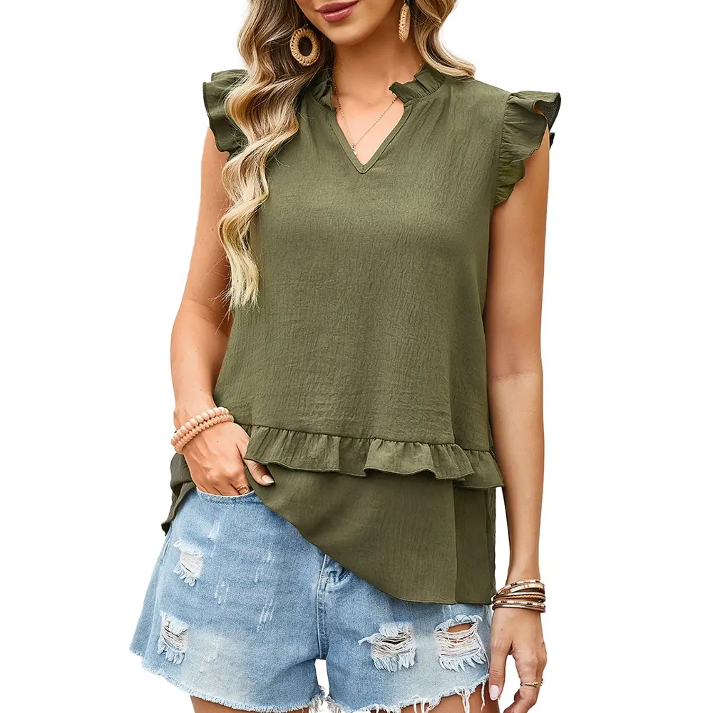 Dokotoo Women's Casual V Neck Ruffle Sleeve Summer Tank Tops Shirts