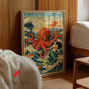 [UNFRAMED POSTER] Japanese Octopus & Mermaid Art Print, Ukiyo-e Style Ocean Wall Art, Mythical Sea Poster, Japanese Wave Art Print