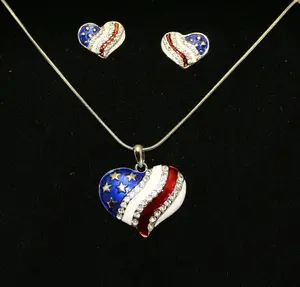 USA Flag Patriotic Heart Pendant, 4th of July Independence Day Heart Pendant Necklace & Heart Earrings Jewelry Set