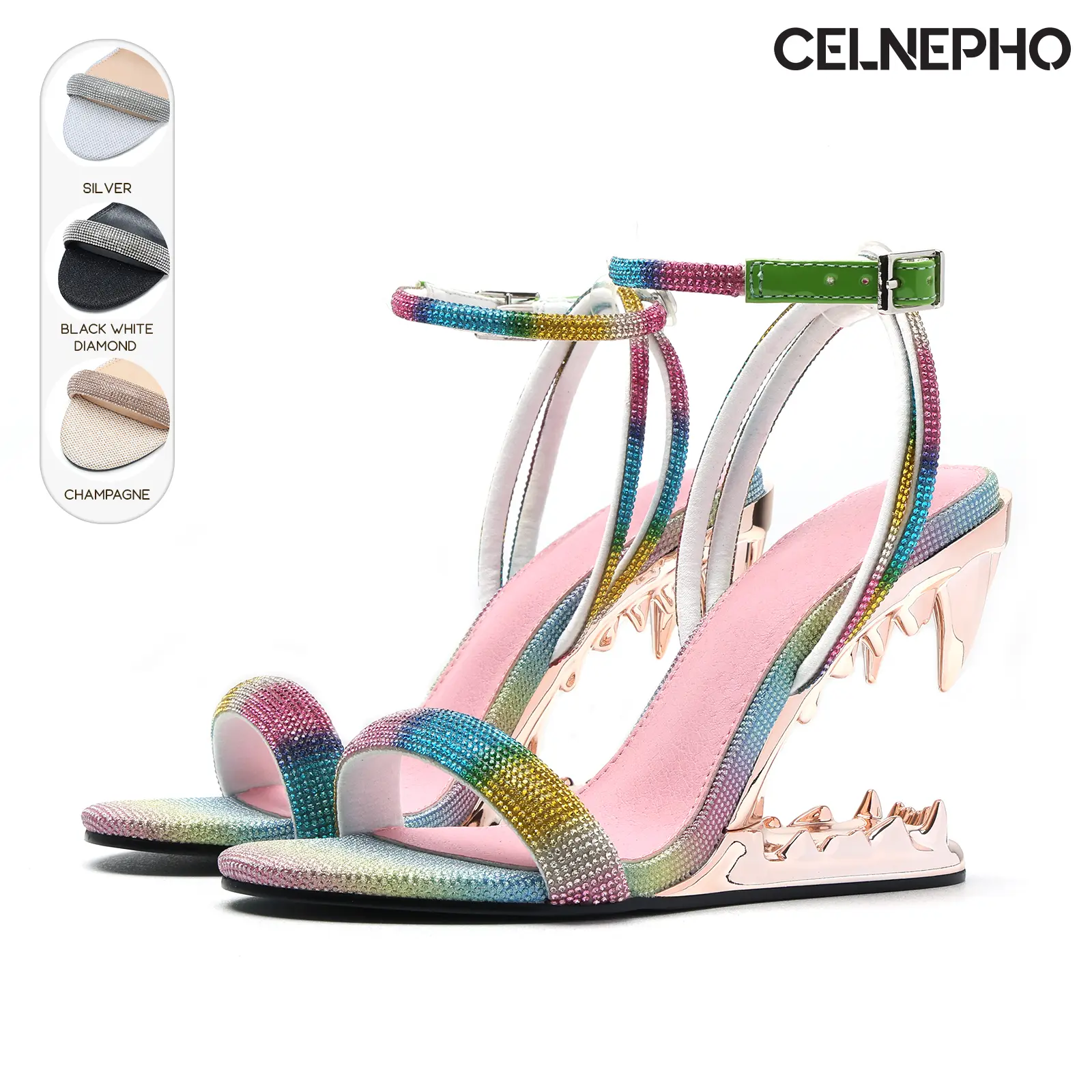 CELNEPHO Heeled Sandals for Women Open Round Toe Morso Sandals Metallic Shark Heel Rhinestone Strap Design Easy Slip on Adjustable Ankle Strap Fashionable Tiger Teeth Flip Flops Thong Mules Dressy Party Date Wedding Gift Trendy Clubbing Dress Shoes