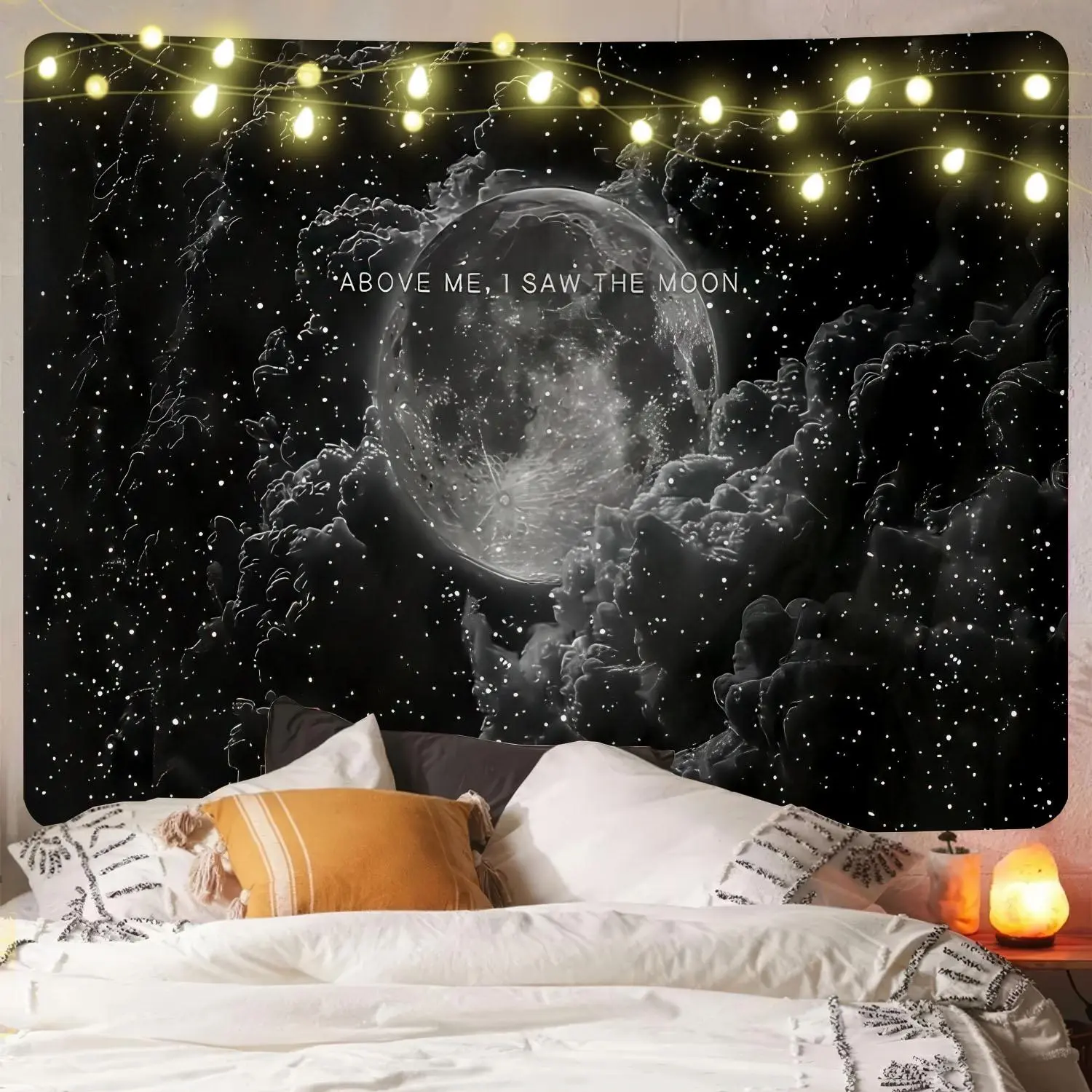 Bohemian Tapestry Style Moon & Starry Sky Print Wall Hanging, Durable Polyester Cloth, Fantasy Aesthetic Room Art Decor Inspo for Living Room, Bedroom