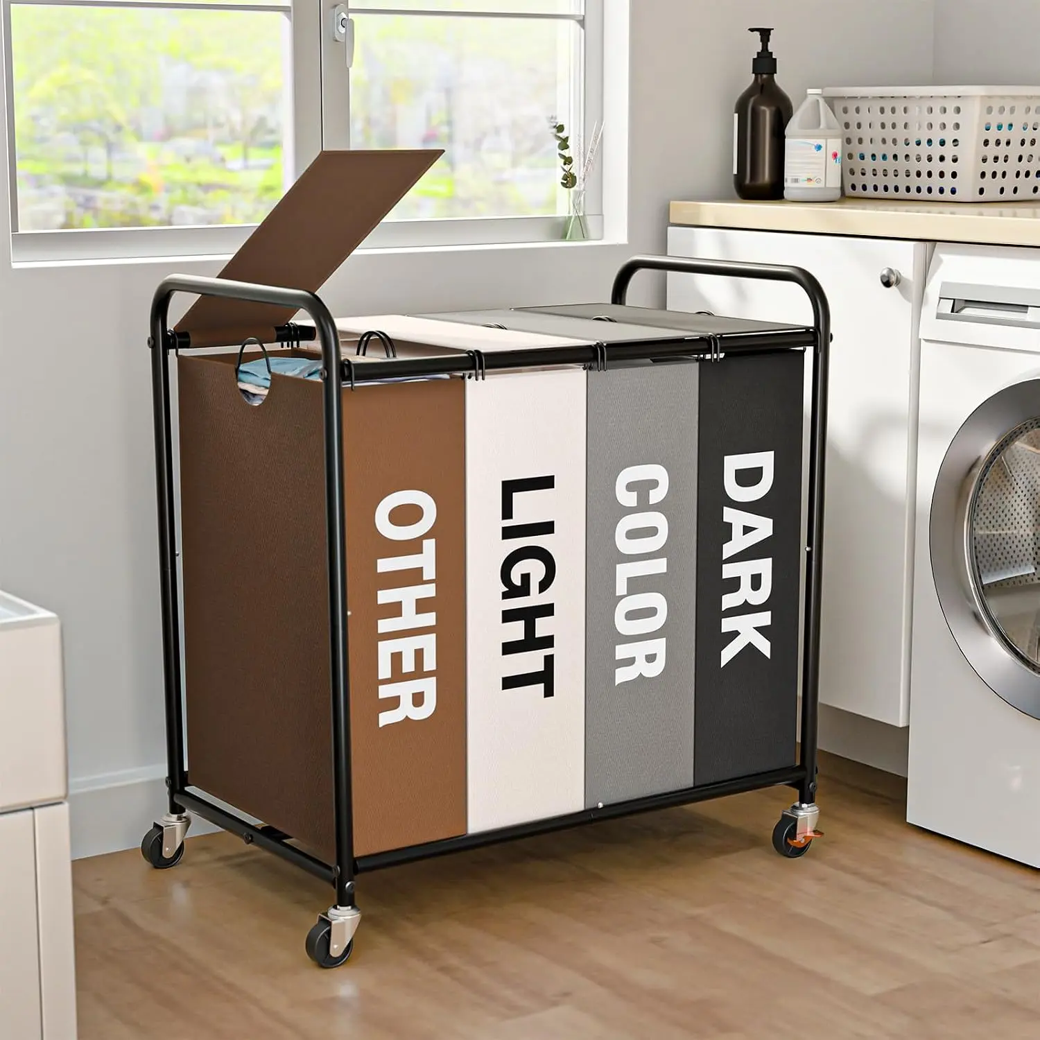 Laundry Sorter 4 Sections 48 Gal, Rolling Laundry Basket with Wheels ＆ Lid