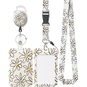 Floral Sliding Badge Holder White Flower Plastic Case with Retractable Badge Reel Carabiner Clip & Detachable Lanyard Strap Fashionable Vertical Card Protector for Women Nurse Teacher Student
