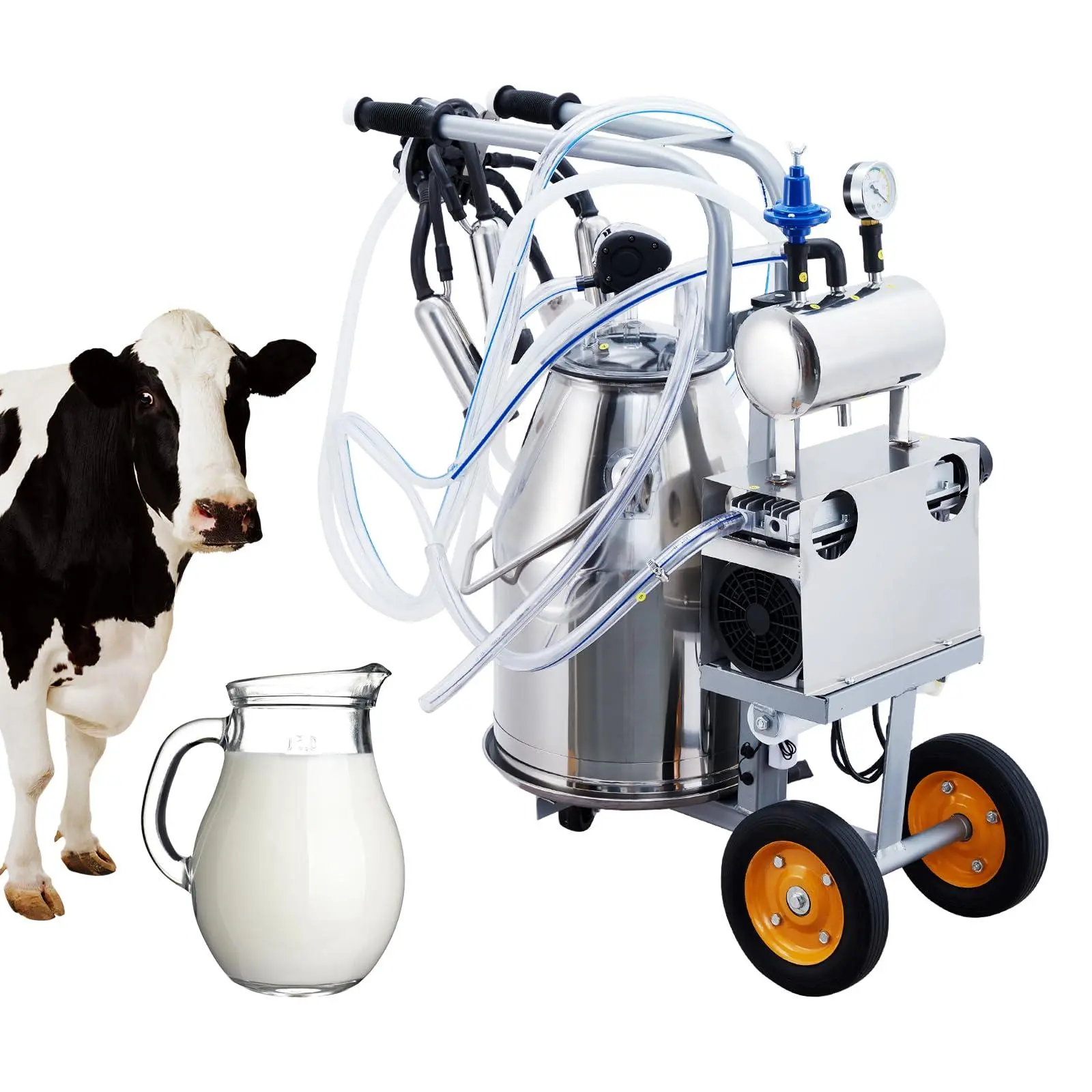 GARVEE Portable Electric Cow Milking Machine, 55KPA 15000 RPM Automatic Pulsation Vacuum Milker, 6.6 Gal Stainless Steel Bucket, Silicone Cups & Tubes, 5-8 Cows/Hour Capacity