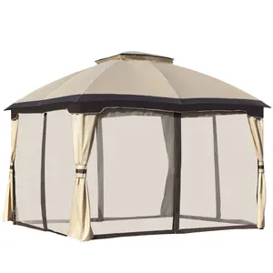 Outsunny 10' x 12' Heavy Duty Canopy Gazebo, Outdoor Patio Shelter with Double Vented Roof, Zippered Mesh Sidewalls, Solid Steel Frame, Beige