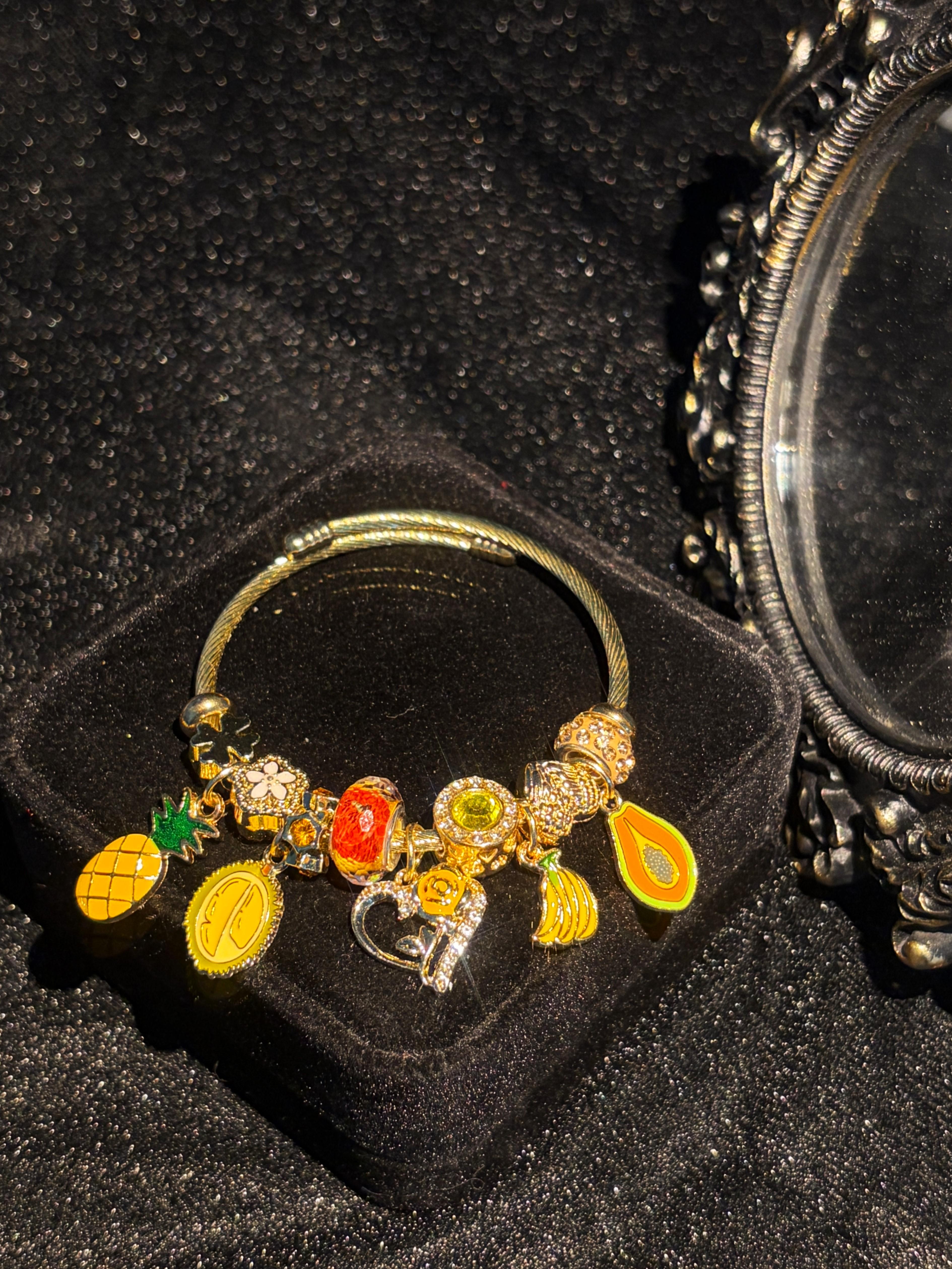 Women's Gold-Tone Adjustable Open Cuff Bracelet, Stackable Enamel Tropical Fruit Charm Bracelet with Pineapple Durian Avocado Heart Key Pendants, Rhinestone Beaded Layering Jewelry for Summer Beach, Birthday Holiday Gift for Teen Girls Women's Gold-Tone Adjustable Open Cuff Bracelet, Stackable Enamel Tropical Fruit Charm Bracelet with Pineapple Durian Avocado Heart Key Pendants, Rhinestone Beaded Layering Jewelry for Summer Beach, Birthday Holiday Gift for Teen Girls