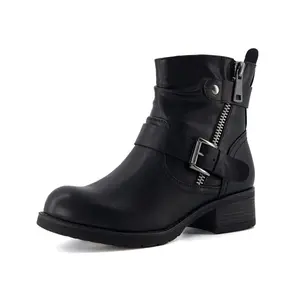 Dunes Max Motorcycle Womens Ankle Boots – Comfortable Booties for Women with Zipper & Buckle, Combat Boots Style, Memory Foam Black 9W