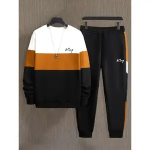 menswear KING Men's Casual 2pcs Set: Color Block Crew Neck Sweatshirt & Print Joggers - Polyester Knit, Regular Fit for Spring/Fall Sports Outfits Fathersdaygift Athletic Tracksuit