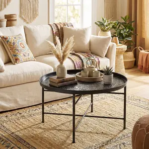 black 24 inch round coffee table hammered tray top metal frame for living room central display use