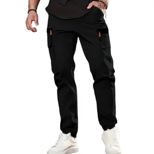 Single piece men's casual solid color sports pants with multiple pockets, lightweight and soft polyester fiber