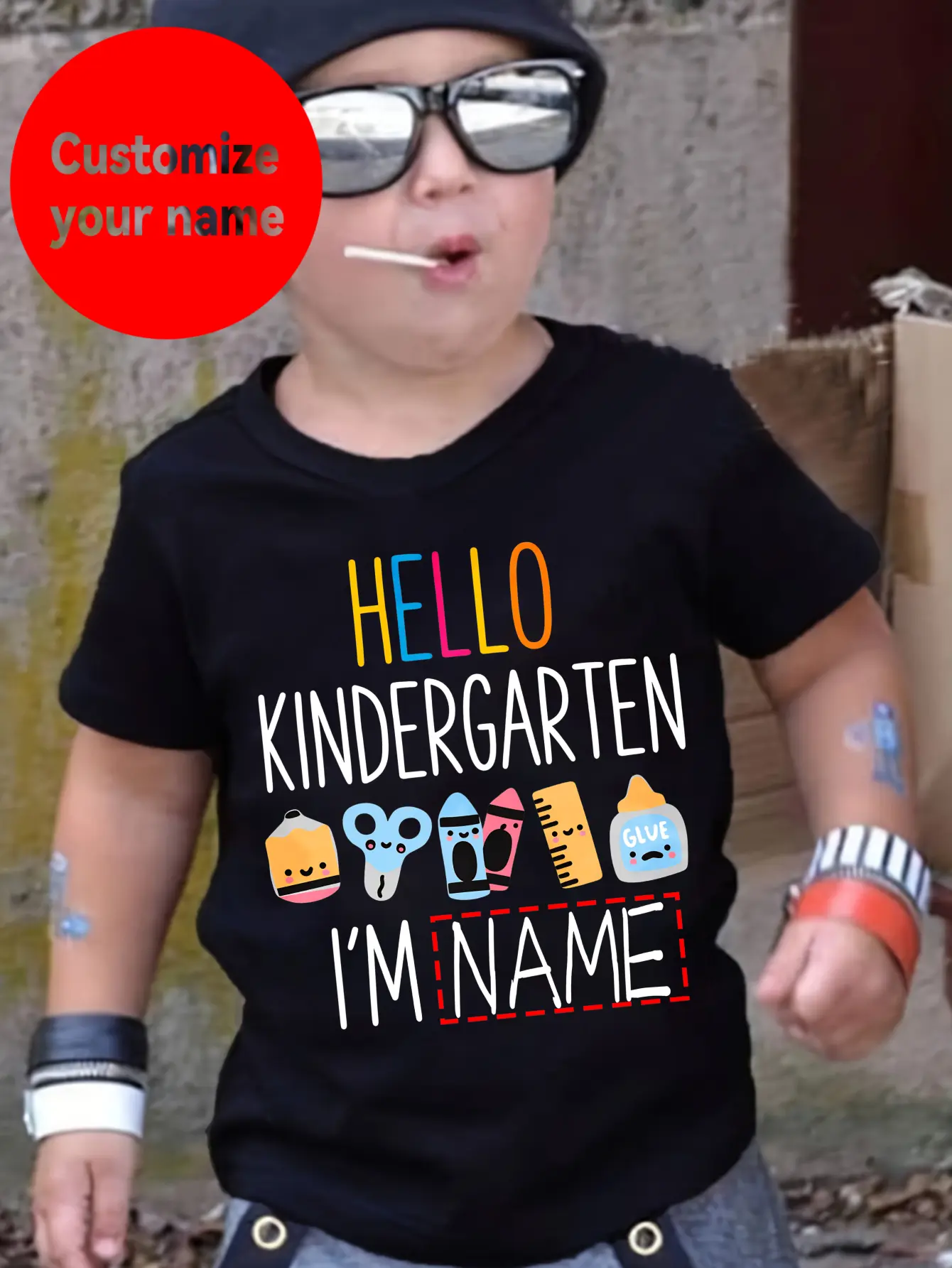 Boys Black Short Sleeve T-Shirt, Custom Name Hello Kindergarten Cute Stationery Graphic Kids Back To School Crew Neck Tee