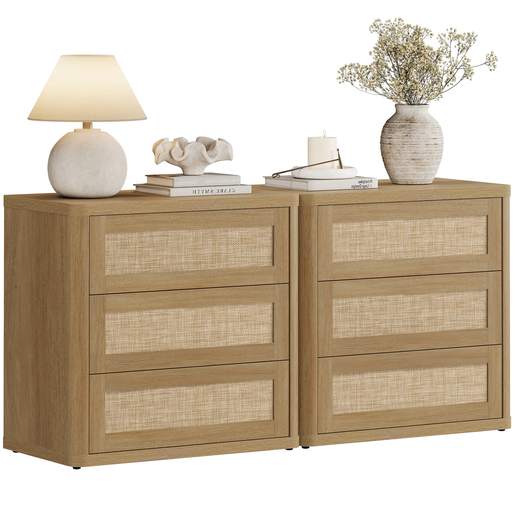 SICOTAS Set of 2 Rattan Nightstands - Large Size Rectangular 3-Drawer Handleless Push-Close Bedside Tables, Sturdy Base, Kid-Safe Rounded Edges Storage for Bedroom, Guest Room
