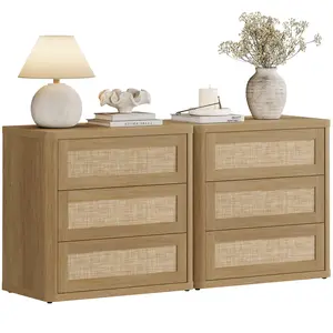 SICOTAS Set of 2 Rattan Nightstands, Oversized 3-Drawer Bedside Tables with Push-Close Design – Large Boho Storage Cabinet, Kid-Safe Rounded Edges for Bedroom & Guest Room