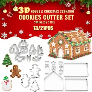 13/21pcs Stainless Steel Gingerbread House Cookie Molds Set, 3D House Roof & Door Design, Ideal for DIY Baking & Holiday Decorations