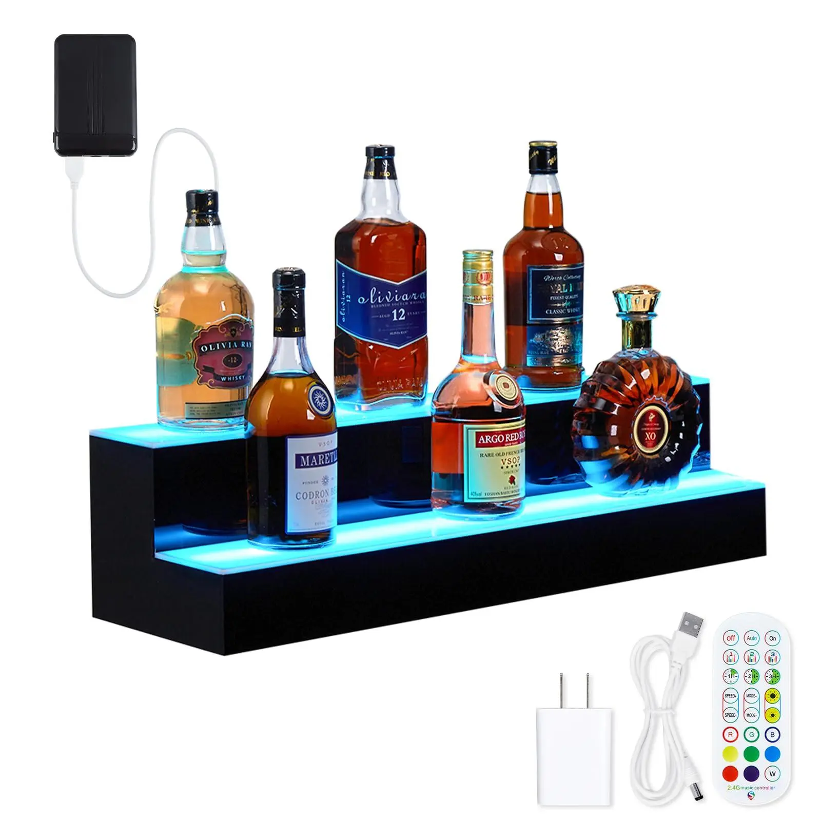 Gaomon 2-Step 30-Inch LED Lighted Acrylic Liquor Bottle Display Shelf, RF Remote & App Control Multicolor Lighting Rack, Alcohol Drink Holder Stand