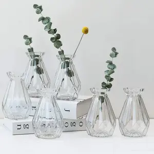 5-inch Clear Glass Diamond-Faceted Flower Vases, Set of 6