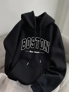 Men's Boston National Print Hoodie, Casual Fitted Long Sleeve Sweatshirt, Fall & Winter Fashion, Regular Fit, Daily Wear
