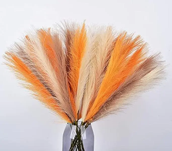 Orange Pampas Grass Decor,23Inch 12pcs Faux Pampas Grass Bouquets Artificial Pampas Fake Pampas Flower for Home Living Room Bedroom Vase Decor