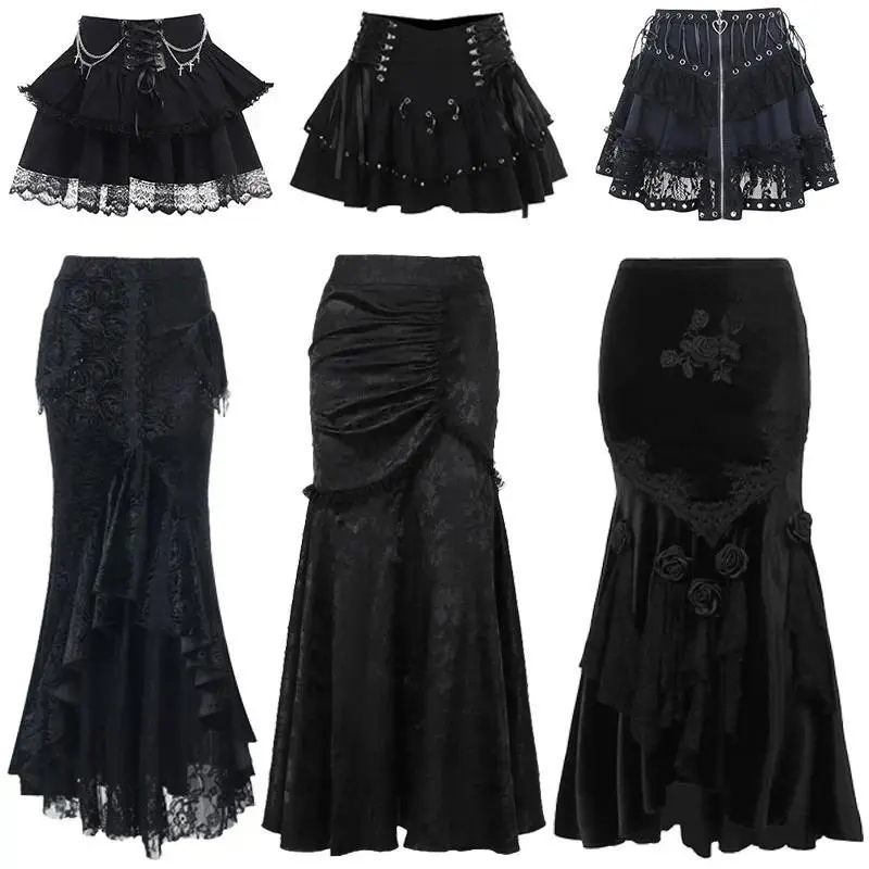 Black Skirts for Women 2000s Gothic Punk Dark Lolita Mini Skirt New Halloween Y2K Elegant Evening Party Club Harajuku Long skirt