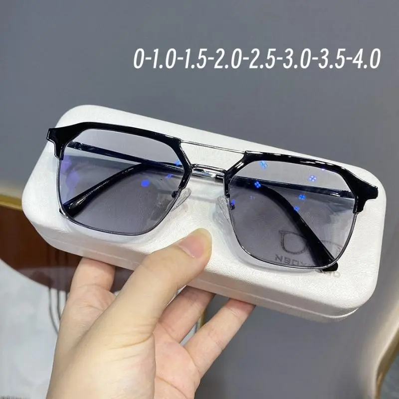 Unisex Rectangular Eyeglasses - Full Rim Metal Double-Bridge Frame, Anti-Blue Light, UV-Resistant Photochromic Lenses