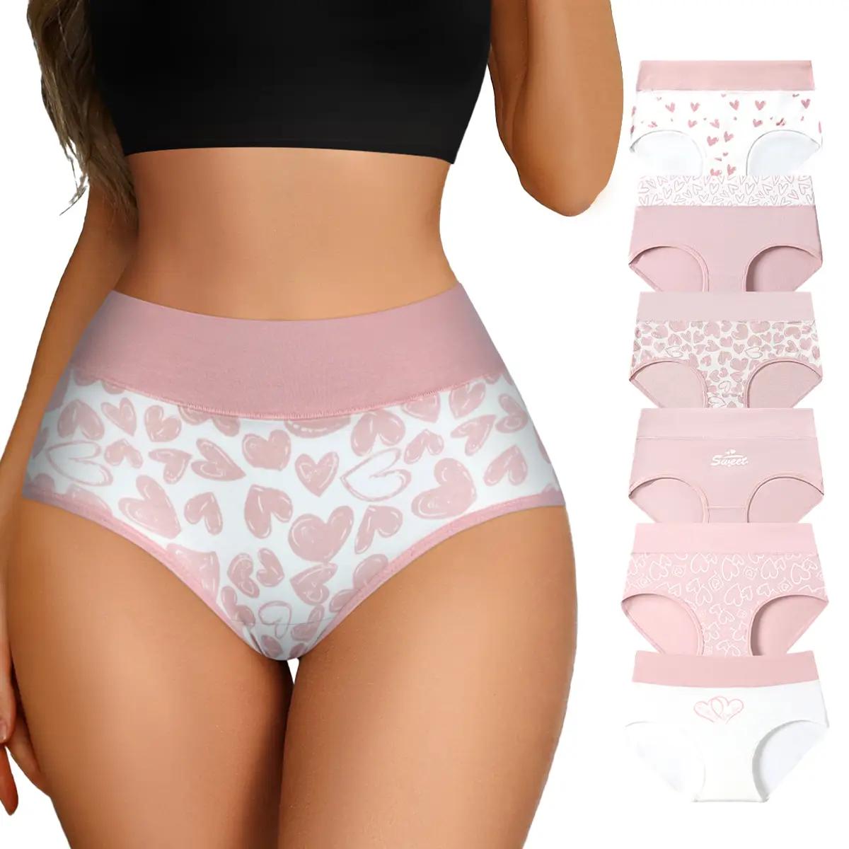 Hotcom Women's Cotton Panties - Cute Love Print Briefs with Stretchy Waistband & Double Layer Crotch - Soft Breathable Underwear 6 Pack for Everyday W