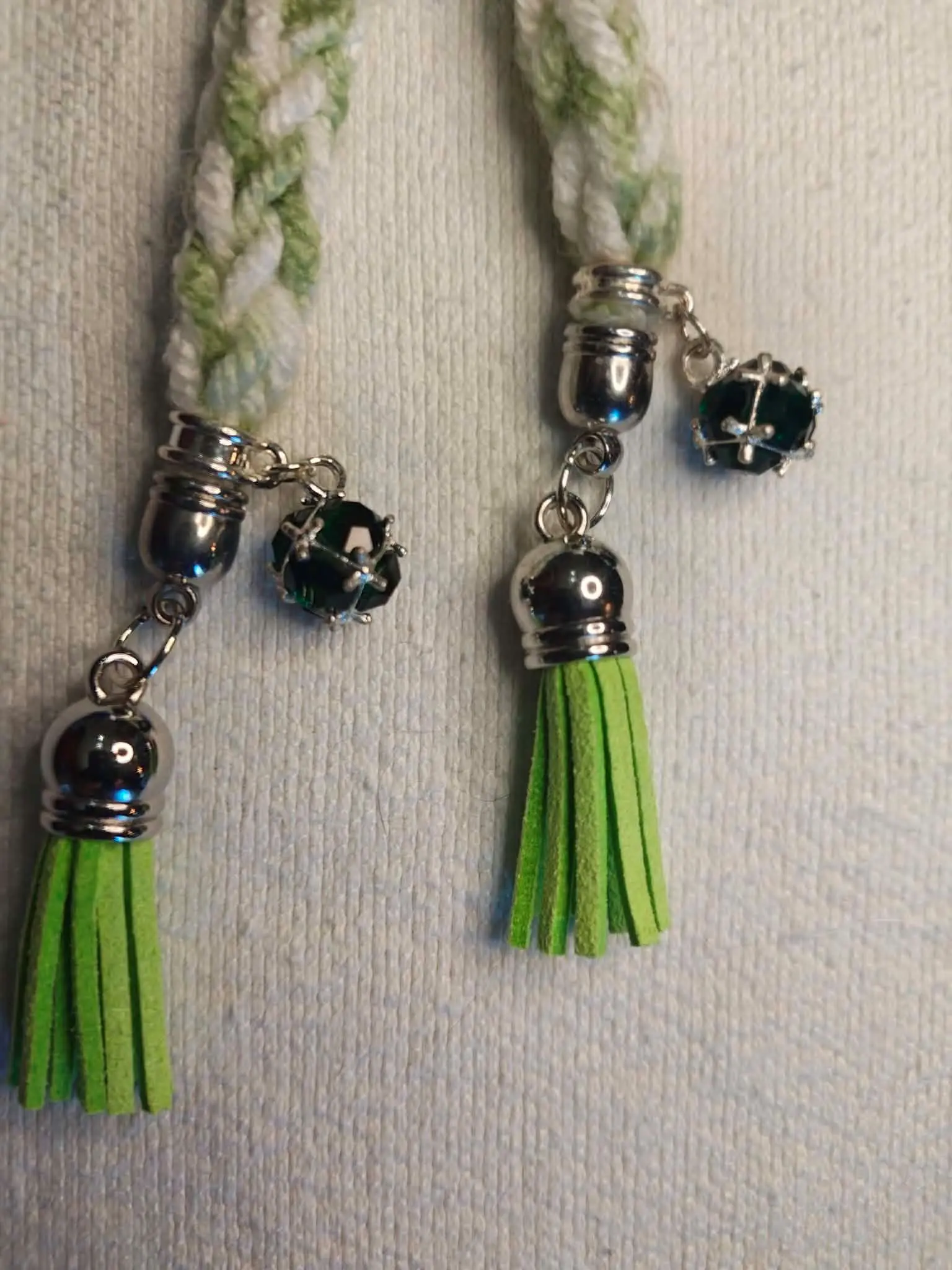 Handmade Keychain Green Charm Emerald Gemstone Charms Green Tassels  Green White Color Changing Braided Spool knitted
