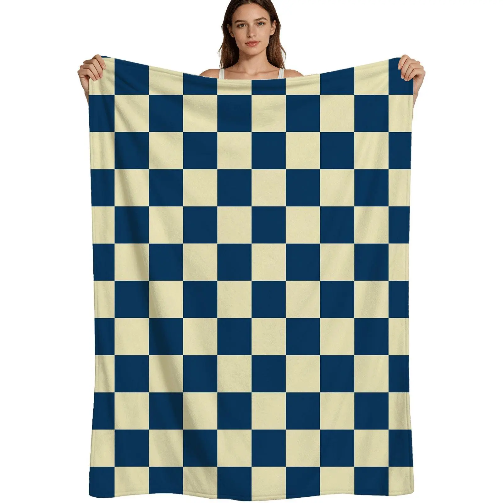Classic Checkered, Warm Flannel Blanket, Navy And Cream Checkerboard Pattern, Soft Brushed Fabric, For Bedroom Or Living Room Use, 4 Sizes Available Single Pack