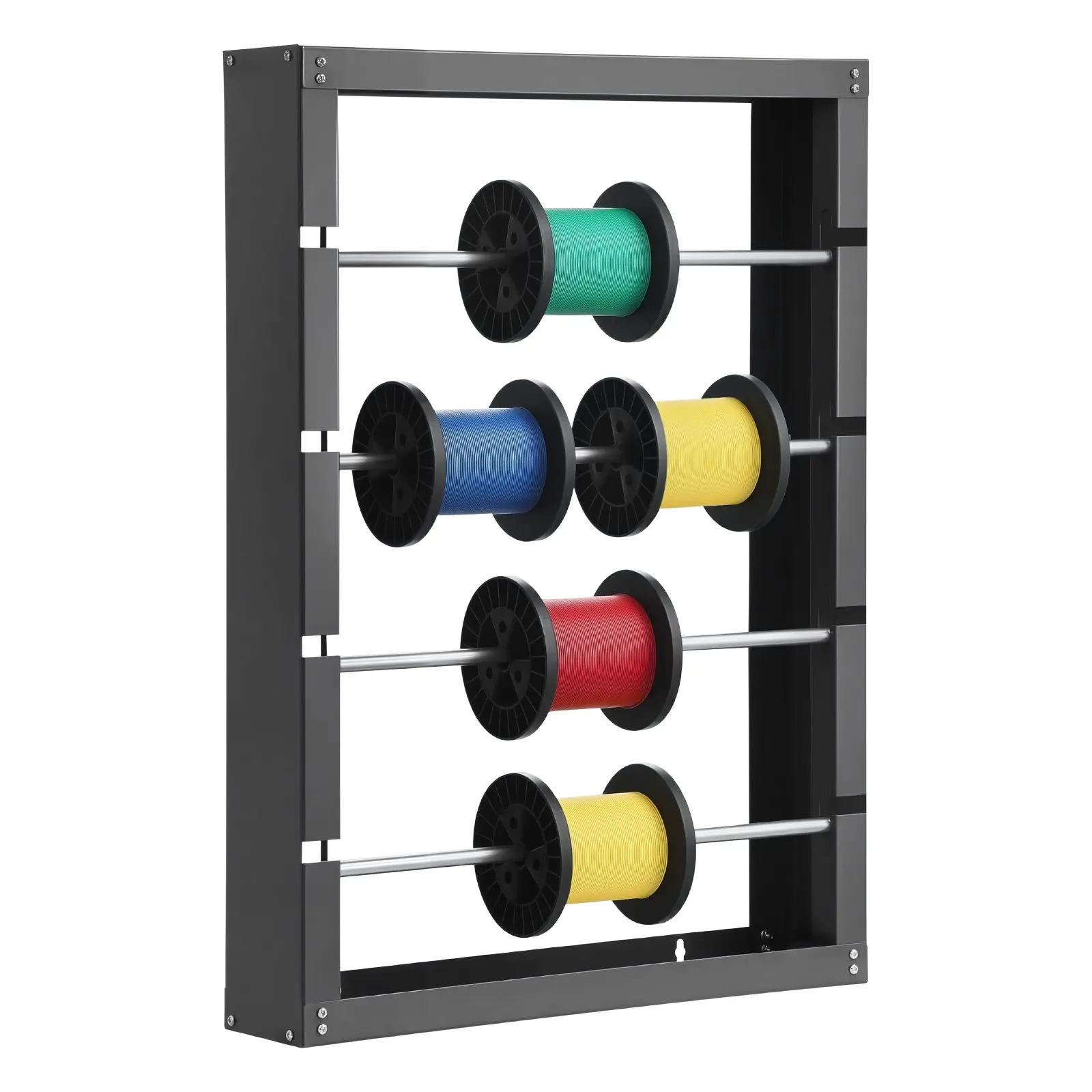 Metal Wall Mount Wire Spool Rack with 4 Adjustable Rods - 150 lbs Heavy Duty Cold Rolled Steel Cable Dispenser, Powder Coat Organizer (26.18x6.1x36.61 in) with Durable Powder-Coated Finish, 7 in Reel Capacity for Contractors, Industrial & Retail Use