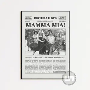ANZELITAS Mamma Mia!, Phyllida Lloyd, Retro Newspaper Movie Poster, Black White Wall Art, Vintage Retro Art Print, Movie Poster, Movie Print