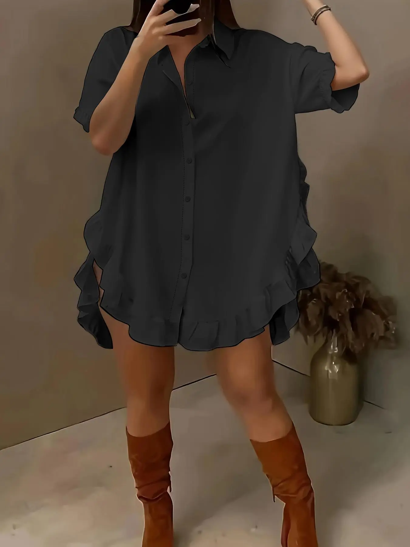 Women's Solid Color Ruffle Trim Curved Hem Blouse, Blouse Shirts, Casual Short Sleeve Ruffled Top for Summer, Women's Clothing for Daily Wear, Casual Daily Tops