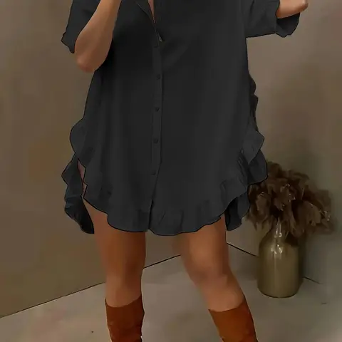 Women's Solid Color Ruffle Trim Curved Hem Blouse, Blouse Shirts, Casual Short Sleeve Ruffled Top for Summer, Women's Clothing for Daily Wear, Casual Daily Tops