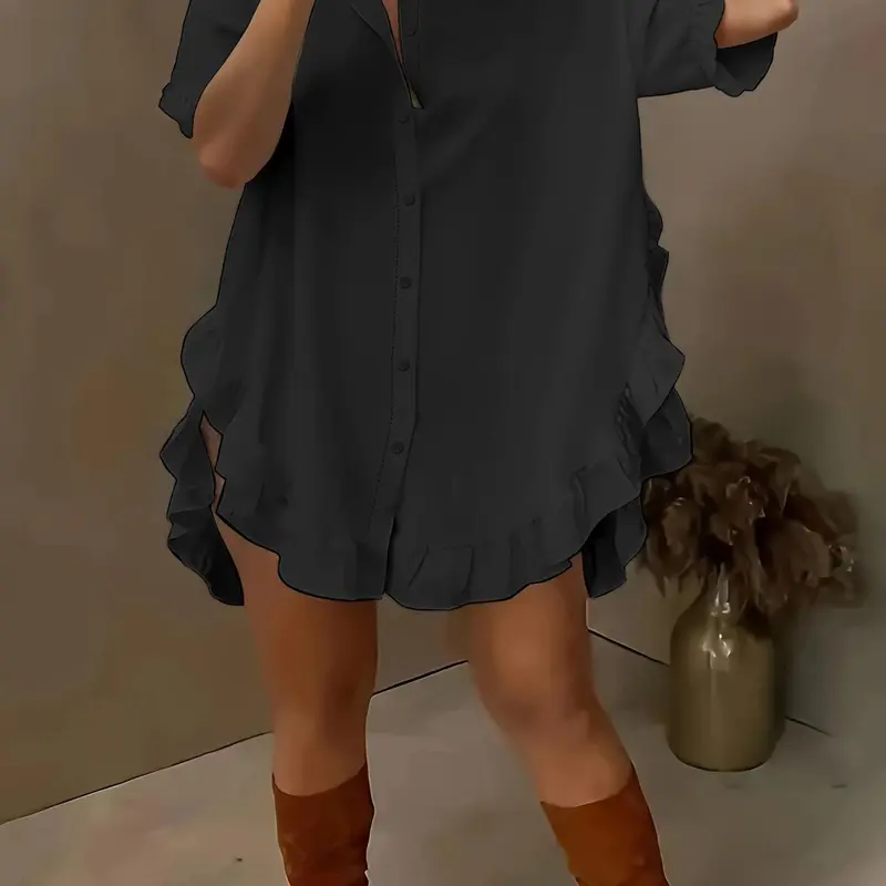 Women's Solid Color Ruffle Trim Curved Hem Blouse, Blouse Shirts, Casual Short Sleeve Ruffled Top for Summer, Women's Clothing for Daily Wear, Casual Daily Tops