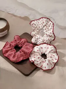 3 pieces of women's sweet and elegant wine red ruffled wavy bow plaid Wavy Curly Scrunchies, half tied hair at the back of the head, broken hair arranged into bun shaped hair accessories, suitable for daily use, parties, and travel