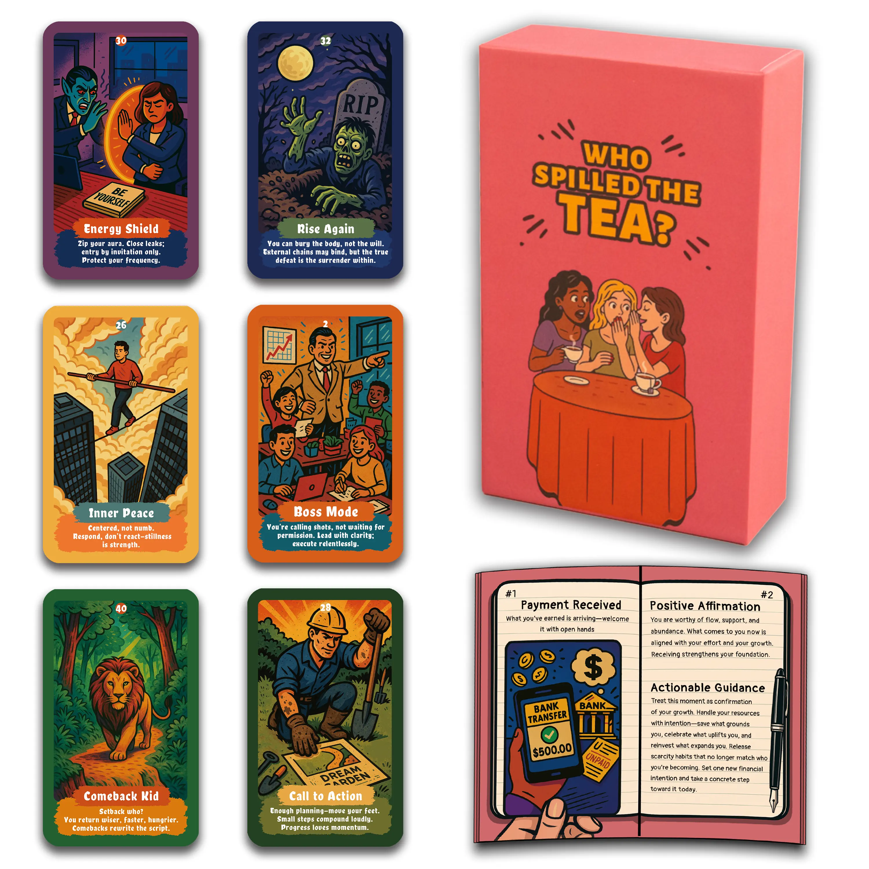 Who Spilled The Tea Oracle Cards, 50 Divination Deck with Guidebook, Deck for Beginners, Tarot Deck for Relationship Insight, Fortune Telling & Real-Life Guidance Easy Daily Guidance, Relefing Card Games
