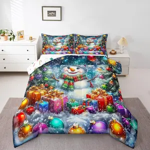 Feelyou Winter Festive Microfiber Bedding Set - Soft, Travel-Friendly Duvet Set with Cute Snowman, Christmas Tree, Ball, Snowflake Designs for Xmas Celebrations
