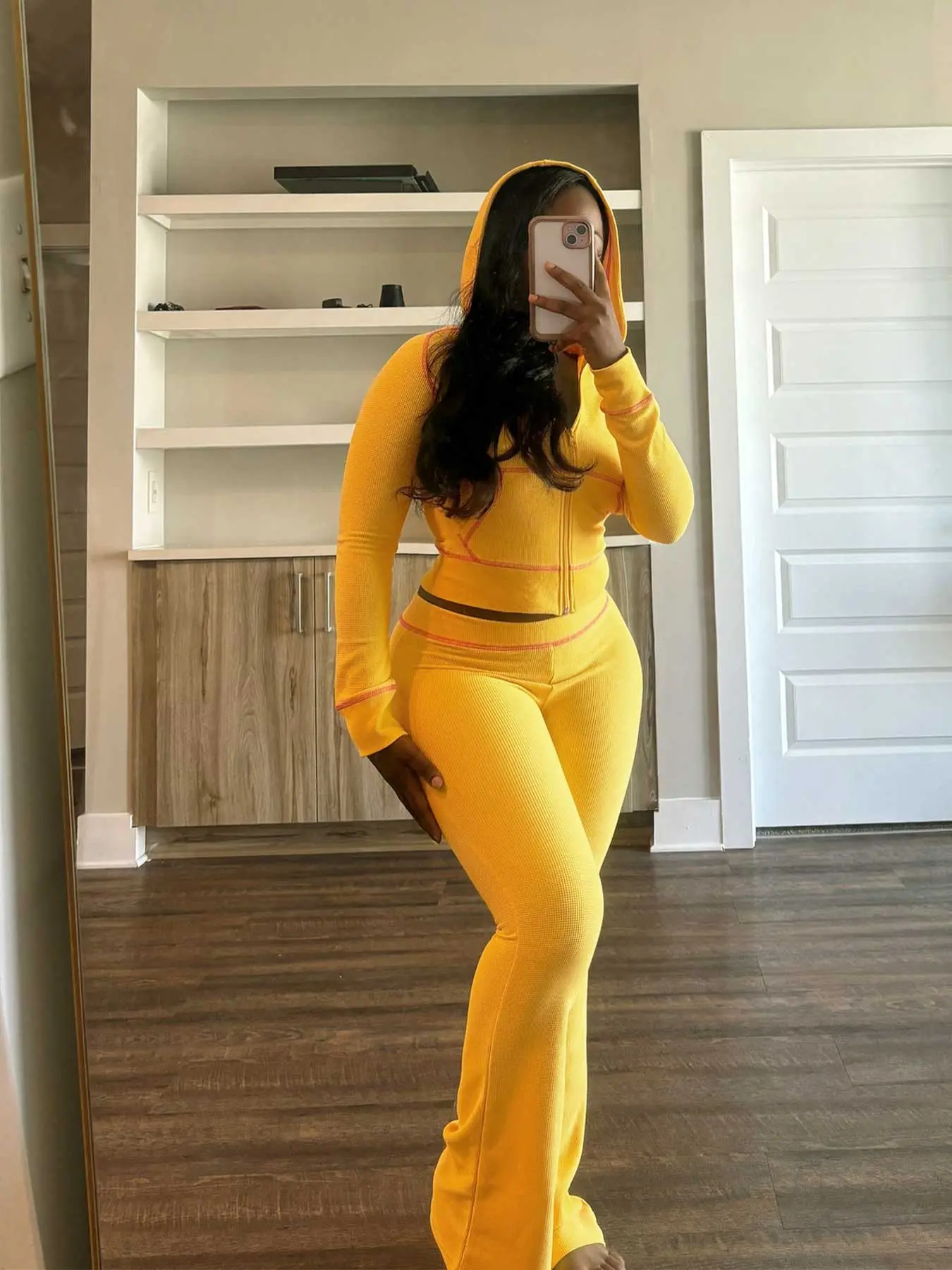 Women's Solid Contrast Binding Zip Up Hooded Crop Jacket & Pants Two-piece Set, Raglan Long Sleeve Hooded Top & Trousers for Daily Wear, Ladies Fall & Winter Clothes, Two Piece Casual Matching Set, Women Womenswear