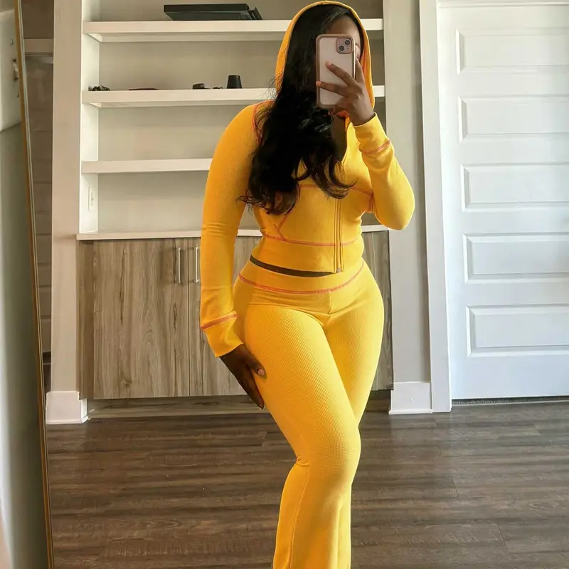 Women's Solid Contrast Binding Zip Up Hooded Crop Jacket & Pants Two-piece Set, Raglan Long Sleeve Hooded Top & Trousers for Daily Wear, Ladies Fall & Winter Clothes, Two Piece Casual Matching Set, Knitwear Set, Women Womenswear