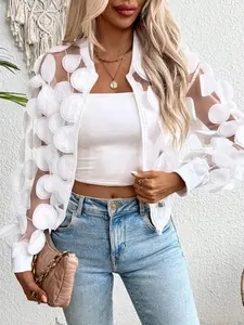 Women's Appliques Sheer Fitted Jacket Without Cami Top, Fashion Aesthetic Mock Neck Drop Shoulder Outerwear, Ladies Spring & Fall Clothes