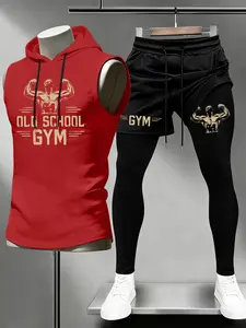 Men's Retro Hardcore Old School Gym Workout Set, Sleeveless Hoodie, Loose Fit, Breathable, Two-Piece Pants, Casual & Sporty, Gym Wear
