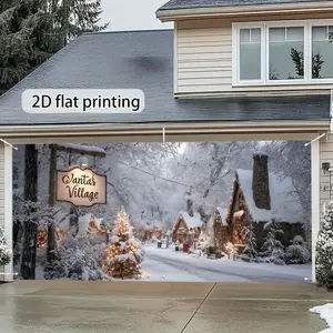 Christmas Theme Garage Decoration Curtain, 2D Flat Print Snow Scene Village Pattern, Festive Holiday Decorative Curtains