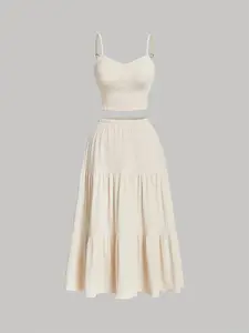 Elegant Plus Size Casual Set, Solid Color Halter Top & Patchwork Skirt, Fashionable and Versatile Women's Clothing, Chic