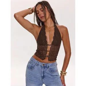 Women's Stylish Floral Lace Sheer Deep Neck Croset Halter Top, Chic Front Buckle Cropped Blouse, Backless Camisole