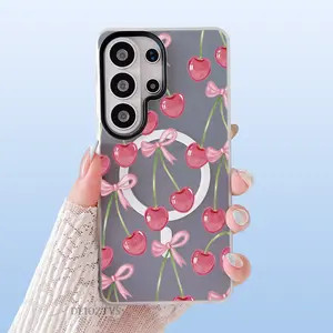 Pink Cherry and Bow Pattern Phone Case For Samsung Galaxy S26 Ultra S25 Plus S24 FE S23 S22 Luxury Candy Color 2-in-1 Shockproof Magnetic Smartphone Case Matte Soft Cellphone Casing Cover