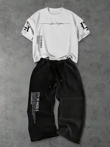 2026 New Fashion Los Angeles Angel City Print T-Shirt + American Vintage Sport Pants Matching Set, Menswear, Casual Loose Fit, Outdoor Activities