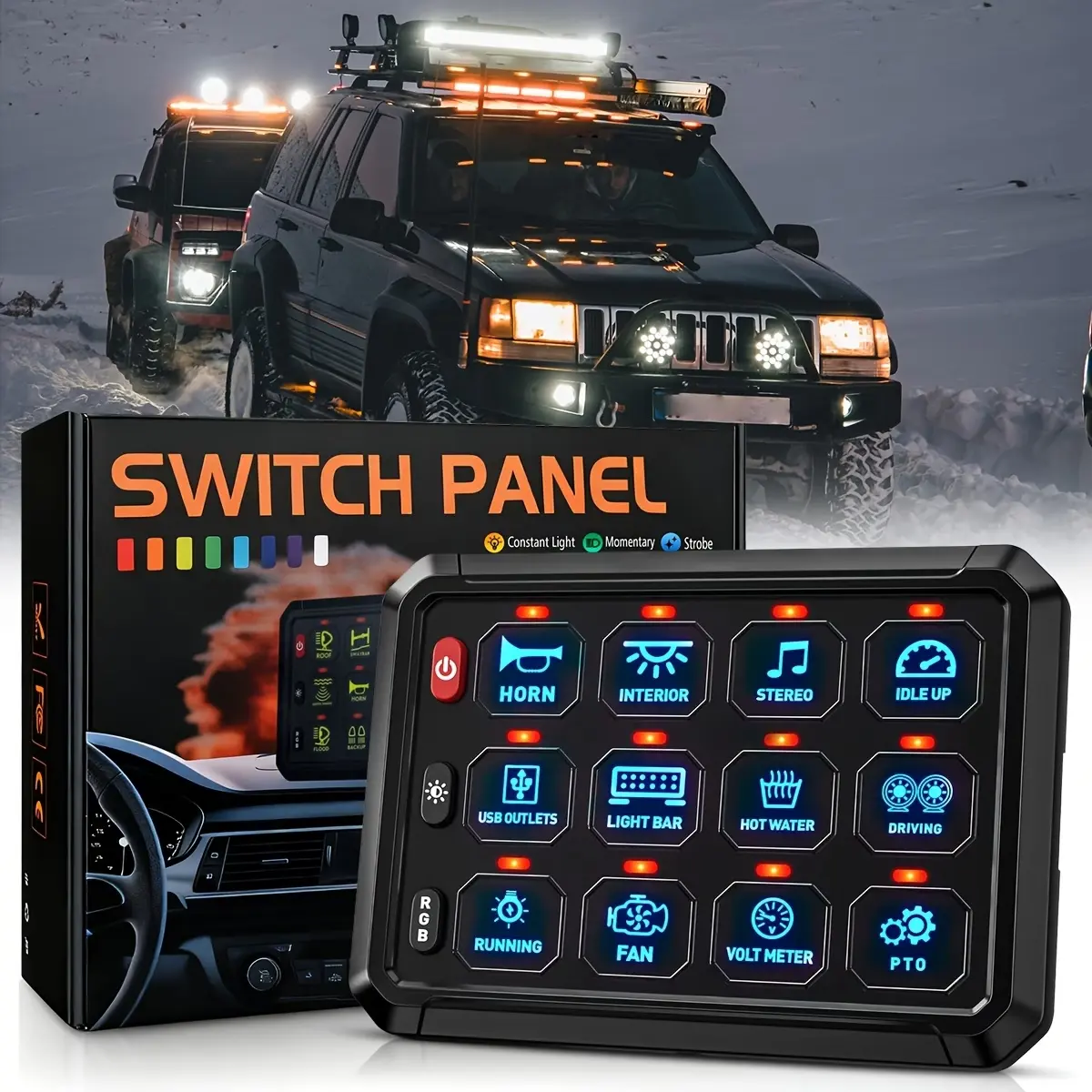 VASTFIRE 12/8/6 Gang RGB Switch Panel, 12V-24V Universal Circuit Control Relay System Box with Automatic Dimmable Switches, RGB Backlight, Strobe Momentary for Trucks Cars ATVs UTVs