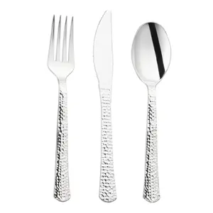 Shiny Metallic Silver Hammered Plastic Cutlery Set - 20 Spoons, 20 Forks and 20 Knives