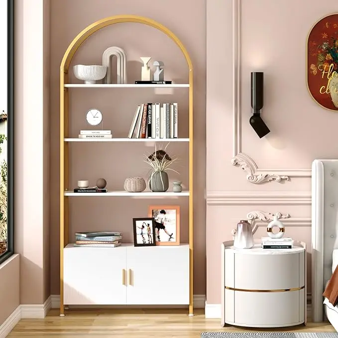 Bookshelf 71-Inch Contemporary Industrial Modern Bookshelf - Freestanding 4+1 Display & Storage Unit with Stable Metal Frame (Metal Base), E1 Quality Boards, Door Storage, Arched Top, Requires Assembly for Bedroom, Living Room