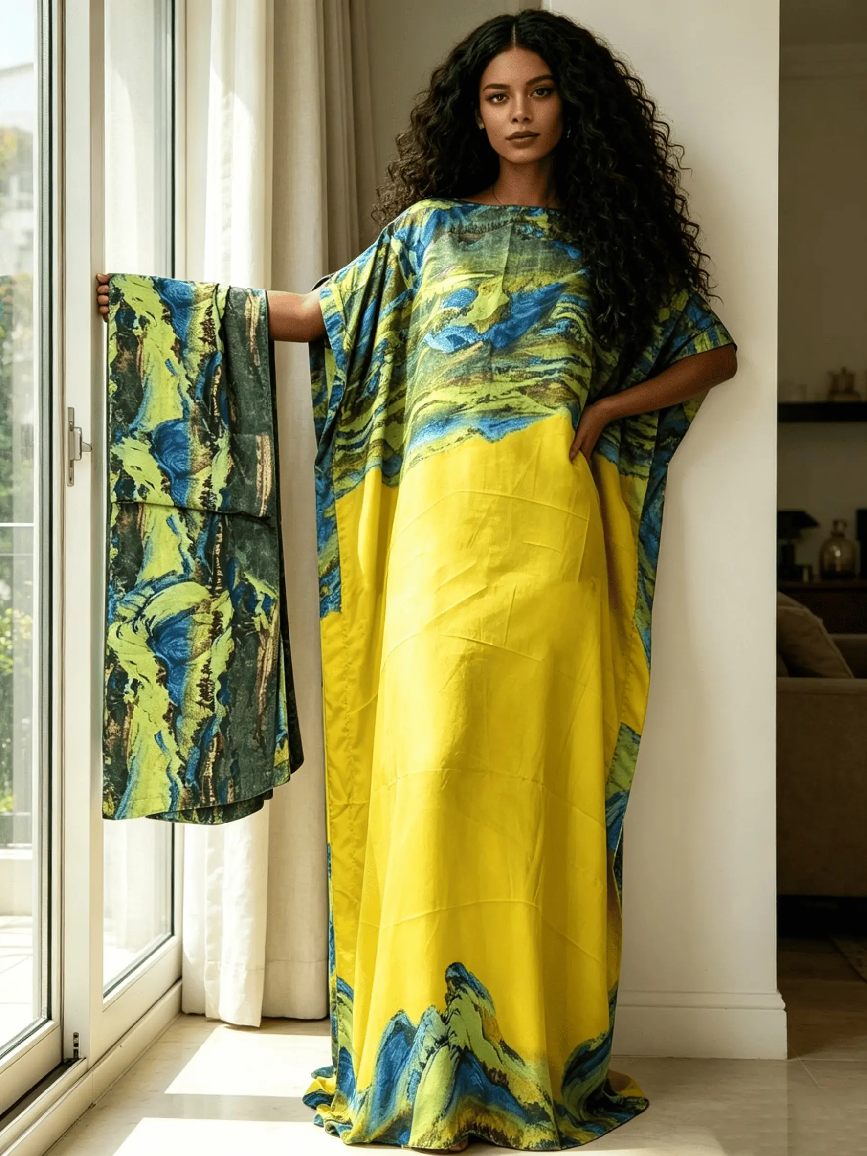 2026 New Women's 2 Piece Lemon Yellow & Teal Abstract Print Kaftan Maxi Dress with Matching Scarf, Silky Loose Pleated Robe, Plus Size Friendly, Beach Cover Up, Summer Resort Vacation & Evening Party Wear