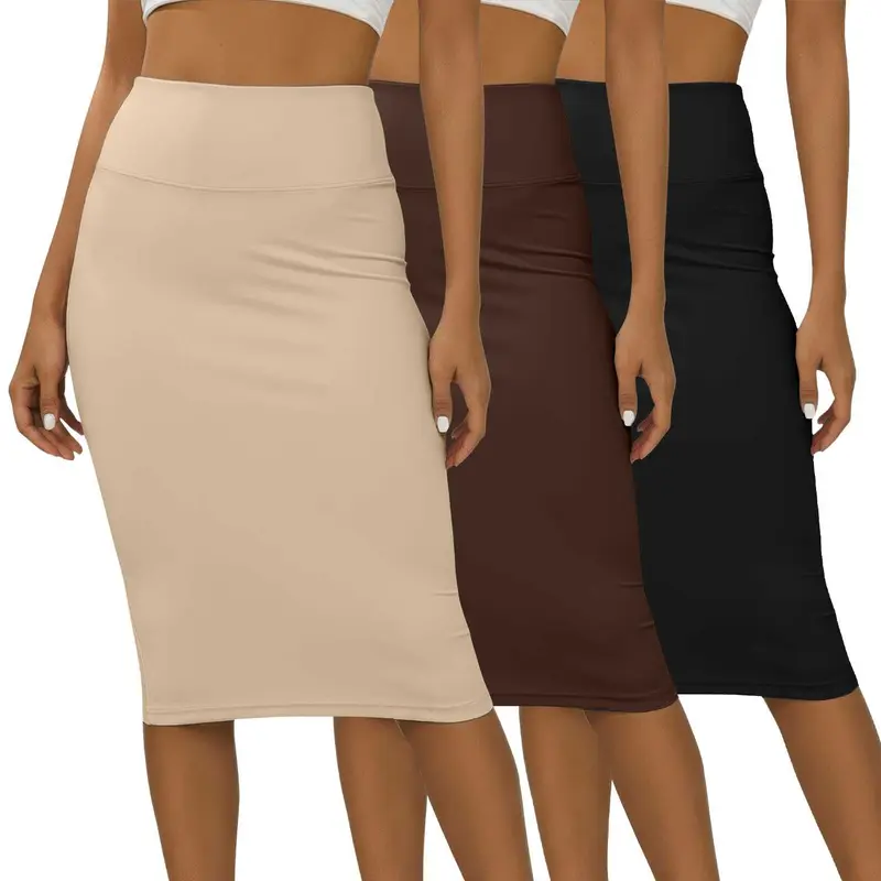 Real Essentials 3 Pack: Womens Soft Midi Skirt – High Waisted Pencil Work Office Business Casual Skirts with Back Slit Plus