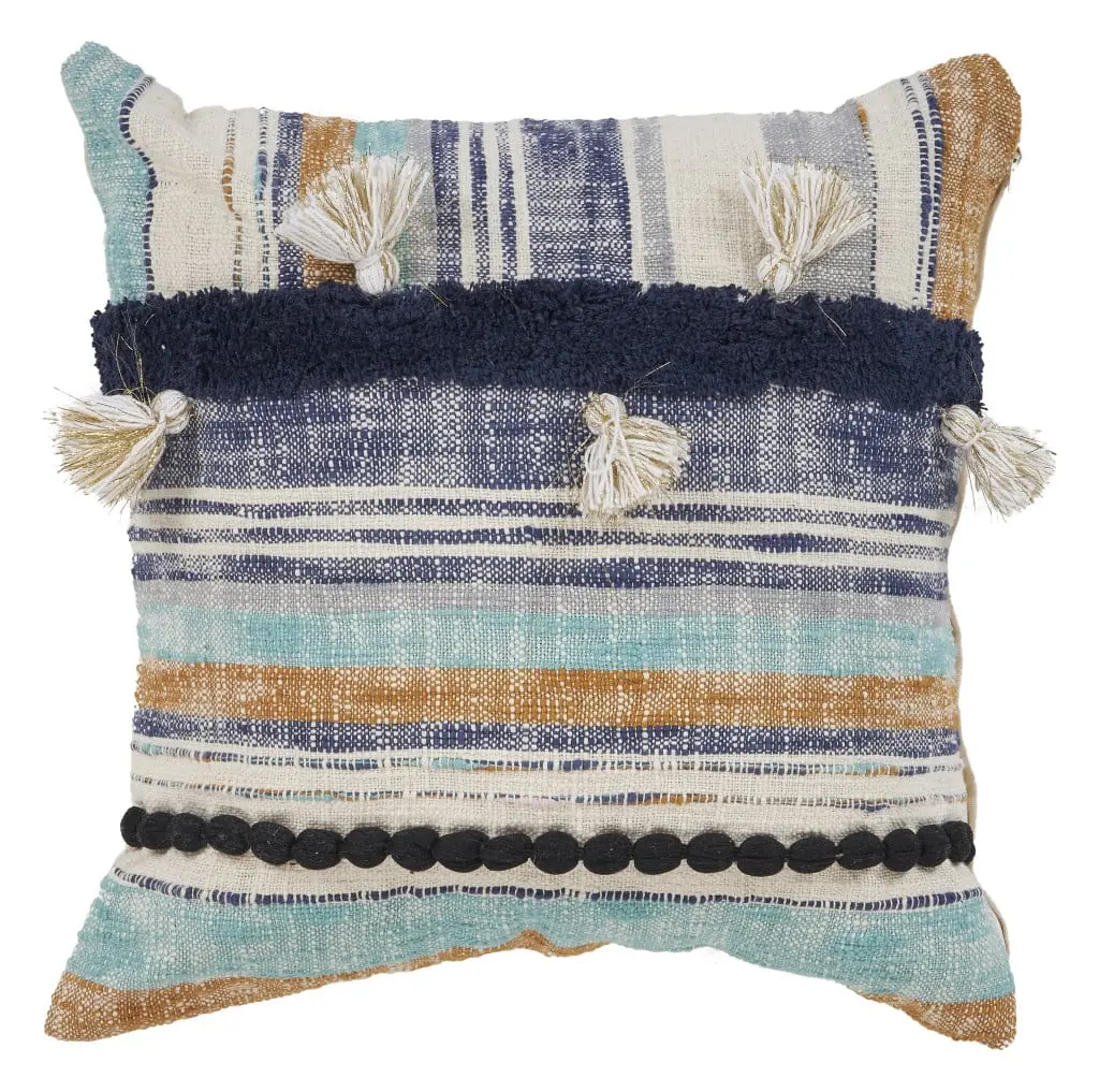 HomeRoots 18 x 18 in. Hand-Crafted Bohemian Textural Designer Patchwork Tassel Accents Zippered Square Pillow - Soft Cotton Cushion for Home Decor